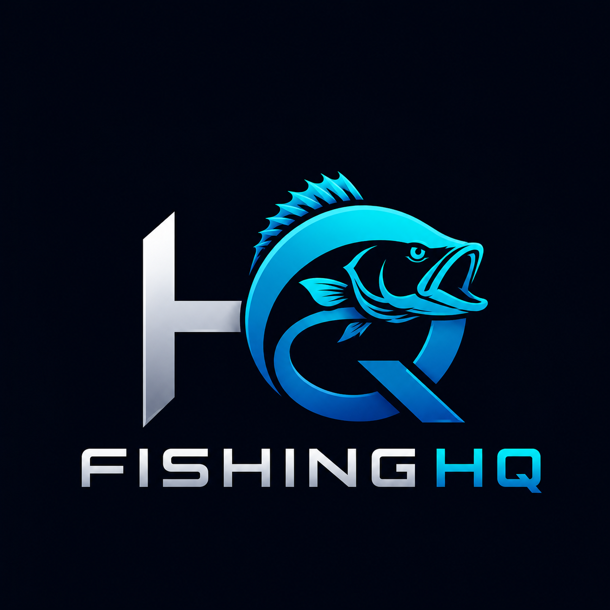 FishingHQ logo, featuring a blue fish and the letters HQ